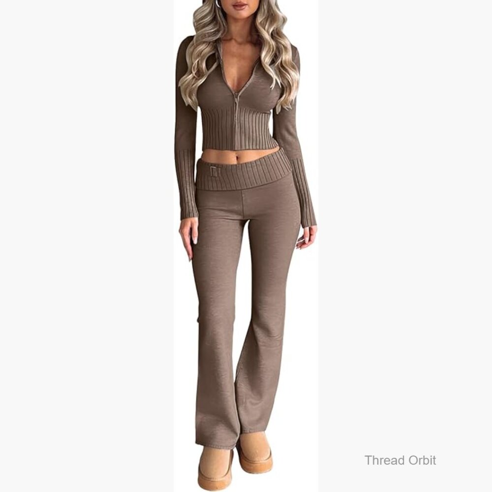 Slim Fit Zip Hoodie Flare Leg Pants Set Knit Sweatsuit Small